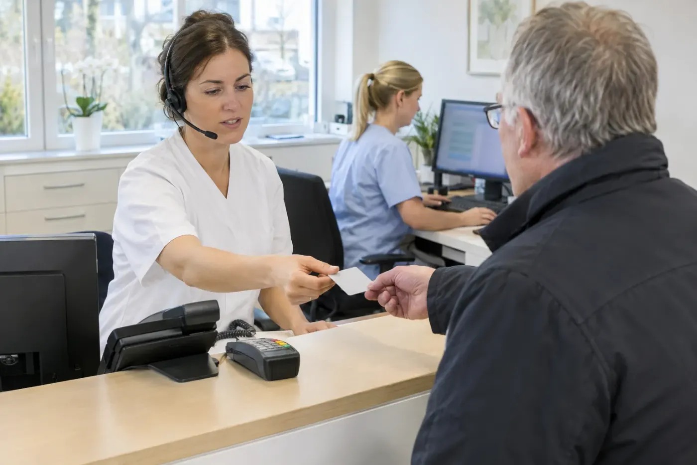 Eine Medizinische Fachangestellte mit Headset telefoniert am Empfang und nimmt dabei die Versichertenkarte eines Patienten entgegen. Im Hintergrund arbeitet eine Kollegin am Computer.