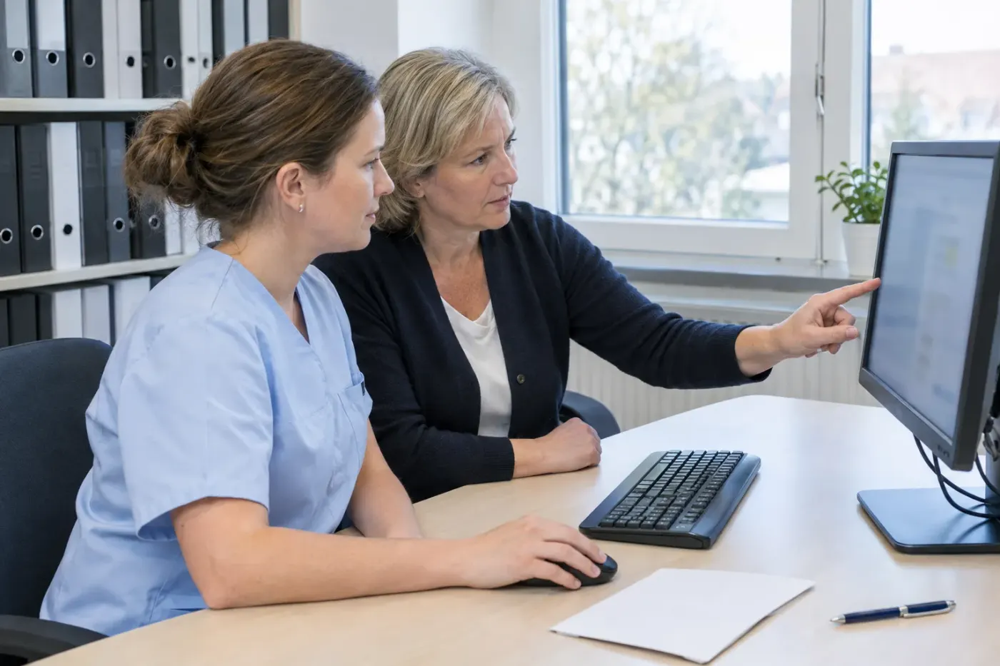 A practice manager and a medical assistant sit side by side in the practice office, reading a draft on the screen together.