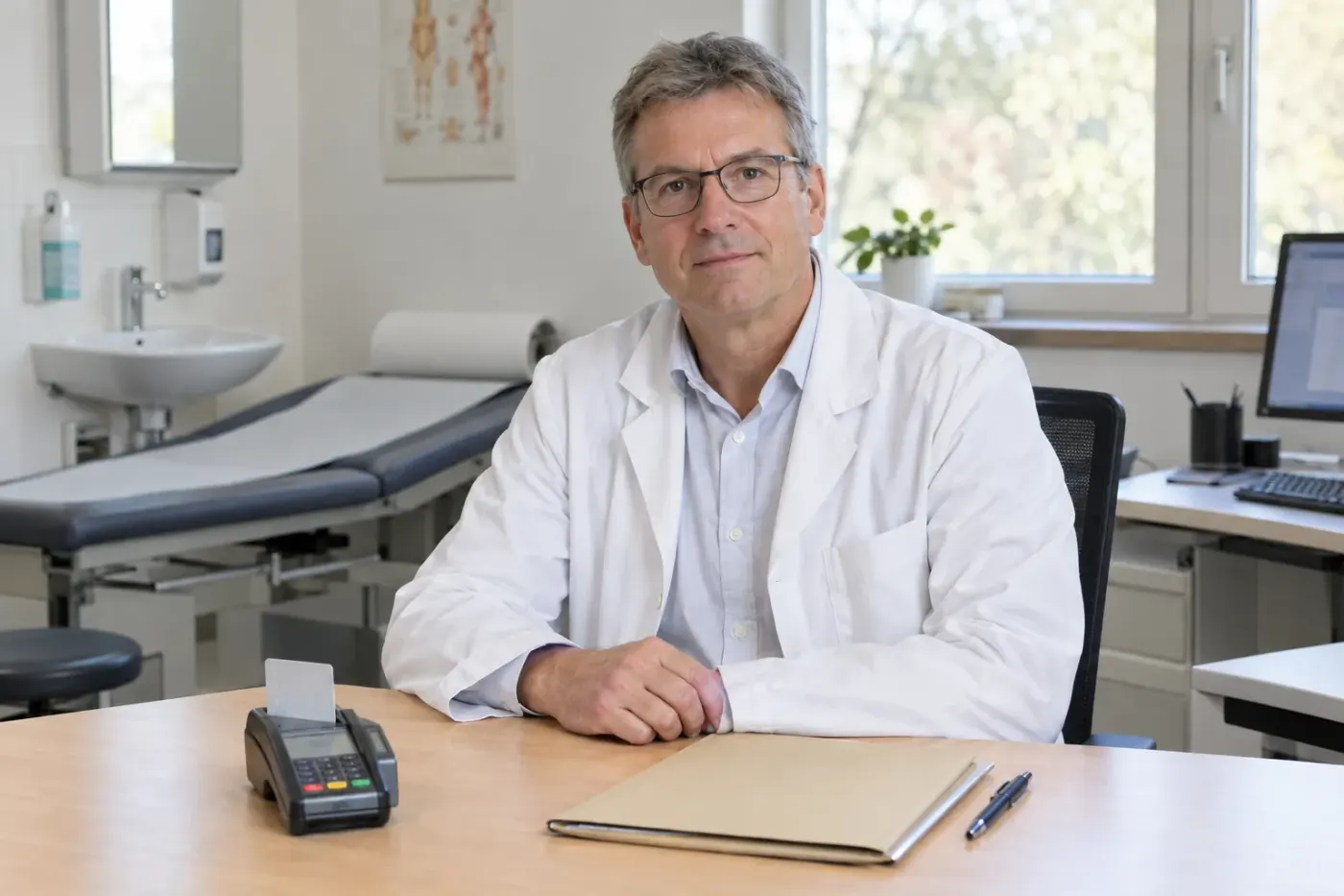 A doctor sits at the desk in his consulting room and looks into the camera. In front of him is a card terminal with an ID card inserted.