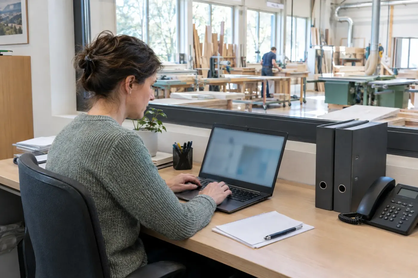 An office worker at a laptop in the office of a craft business, with binders and a phone beside her and the workshop visible through a window.