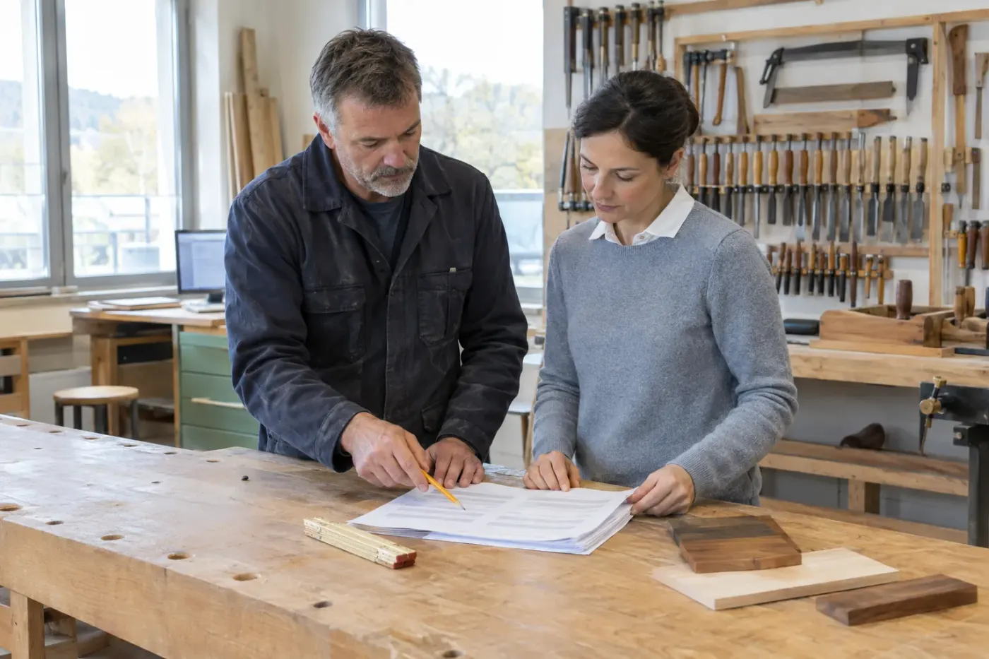 A master carpenter and an office worker go through a printed draft quote together at a workbench in the workshop.