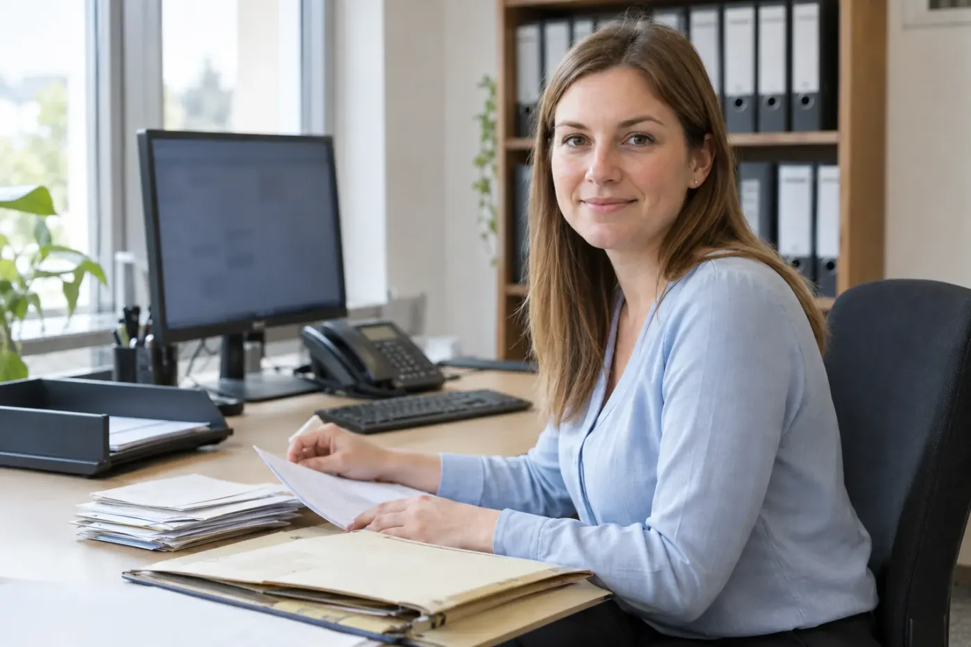 A legal assistant sits at her desk with letters, a case file and a monitor, looking into the camera.