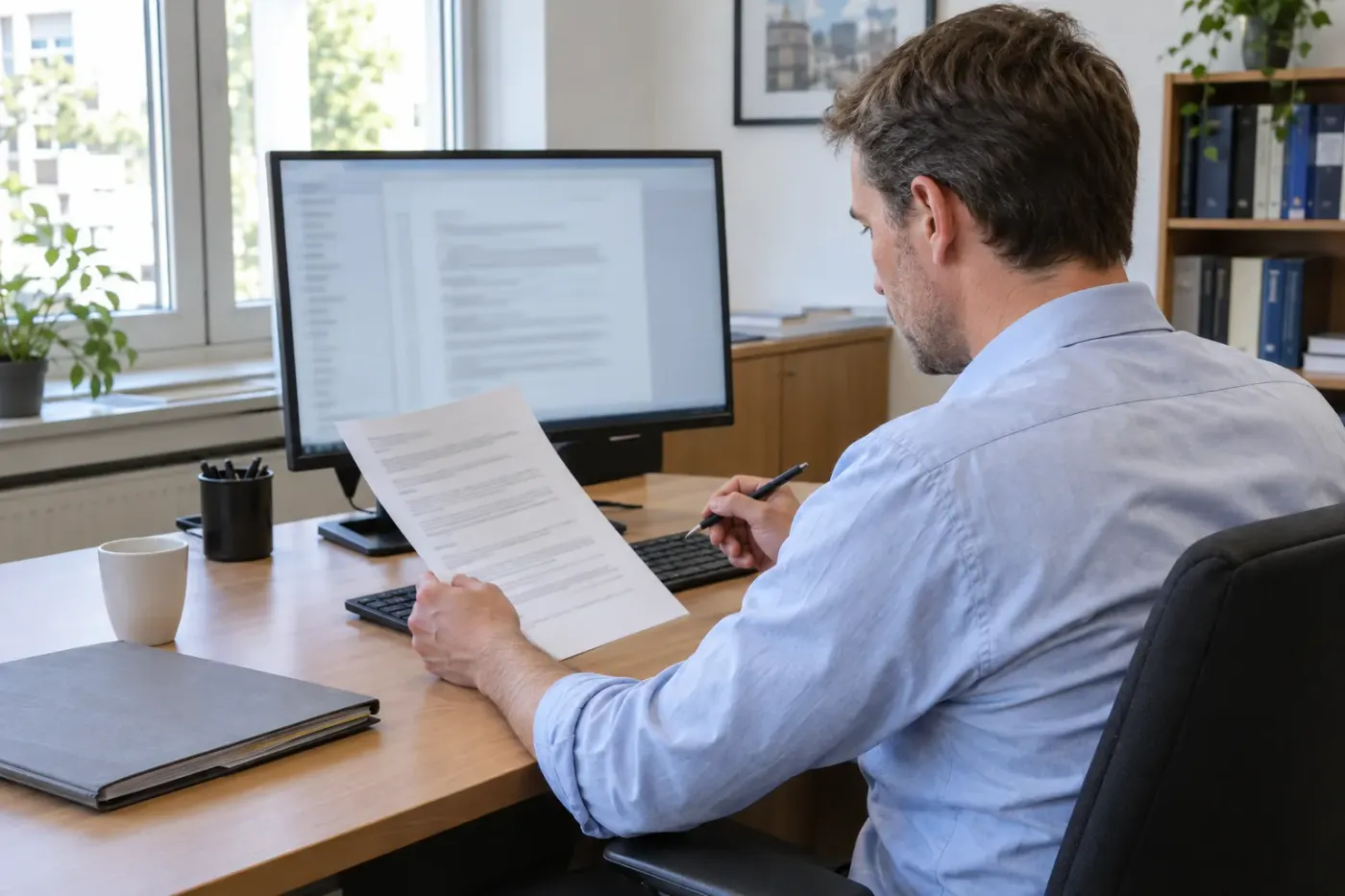 A lawyer holds a printed letter and compares it with a draft on his screen.