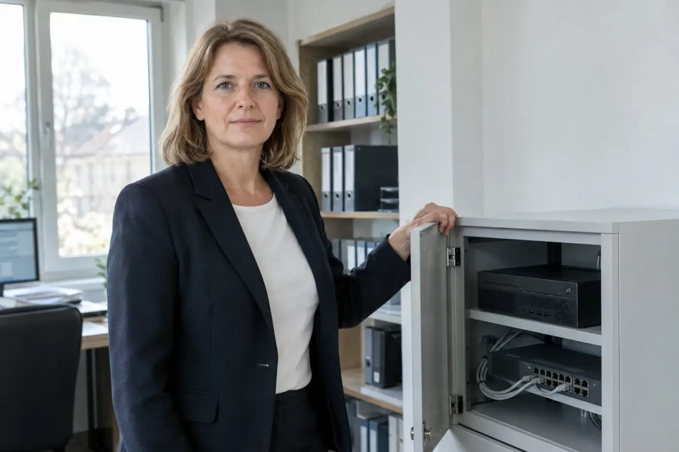 A lawyer stands in the office next to an open cabinet holding a compact computer, looking into the camera.
