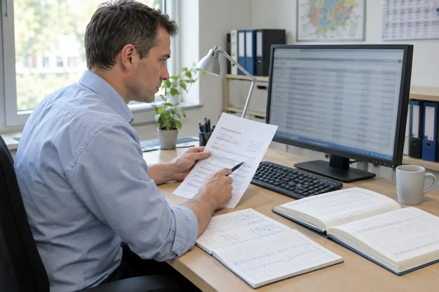 A member of staff compares a paper tax assessment with a list on his screen, next to an open deadline register.
