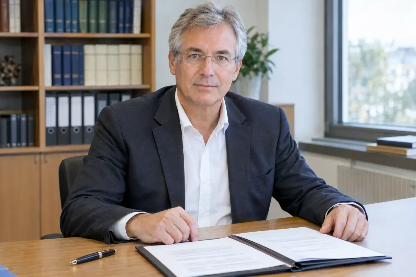 A tax adviser sits at his desk with a signature folder and looks into the camera.